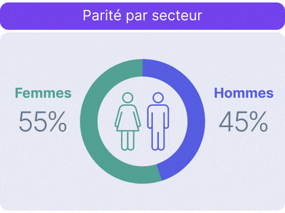 Parité par secteur: Female: 36% á 55%, Male: 45% á