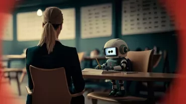 Une personne et un robot assis à une table, discutant.