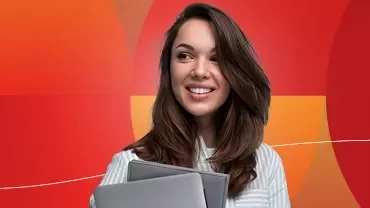 Bannière promotionnelle de Salary Guides 2026 montrant une femme souriante sur un fond rouge.