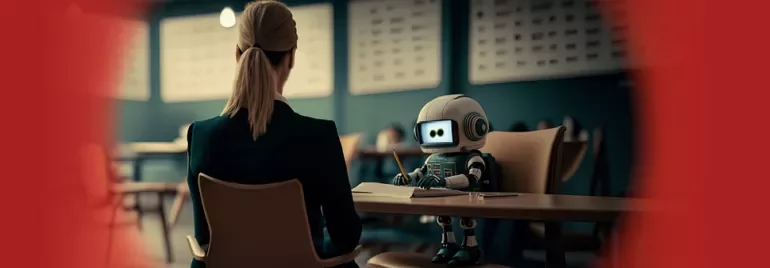 Une personne et un robot assis à une table, discutant.